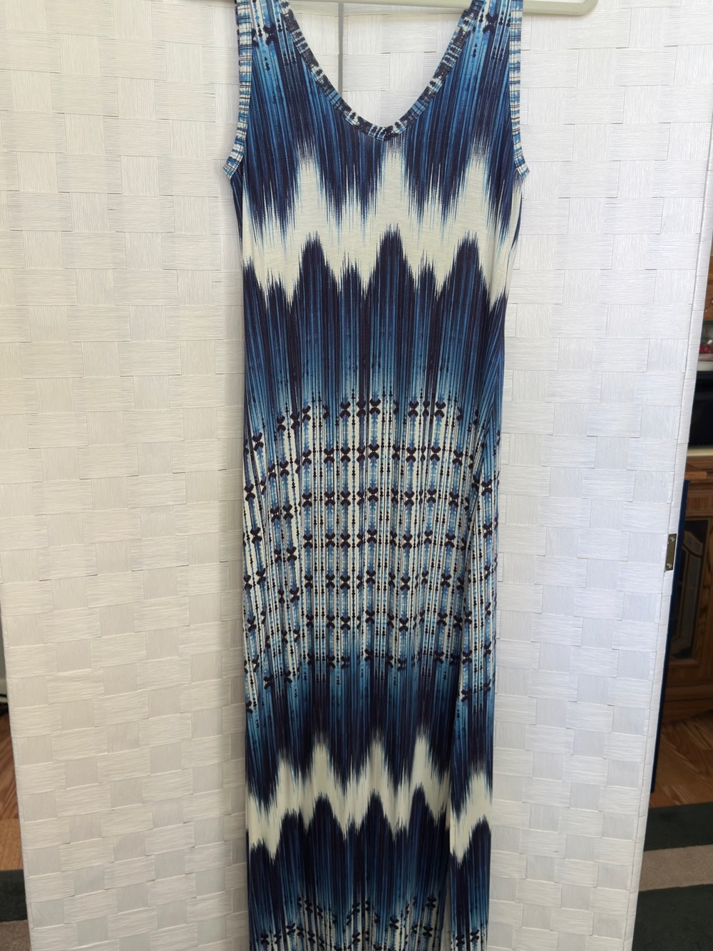 Karen Kane Blue and White Ikat-Style Maxi Dress